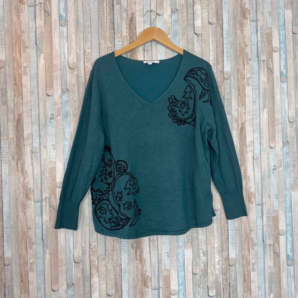 Chicos 3 XL Teal Green V-Neck Sweater Top Pullover Paisley Embroidered Applique
